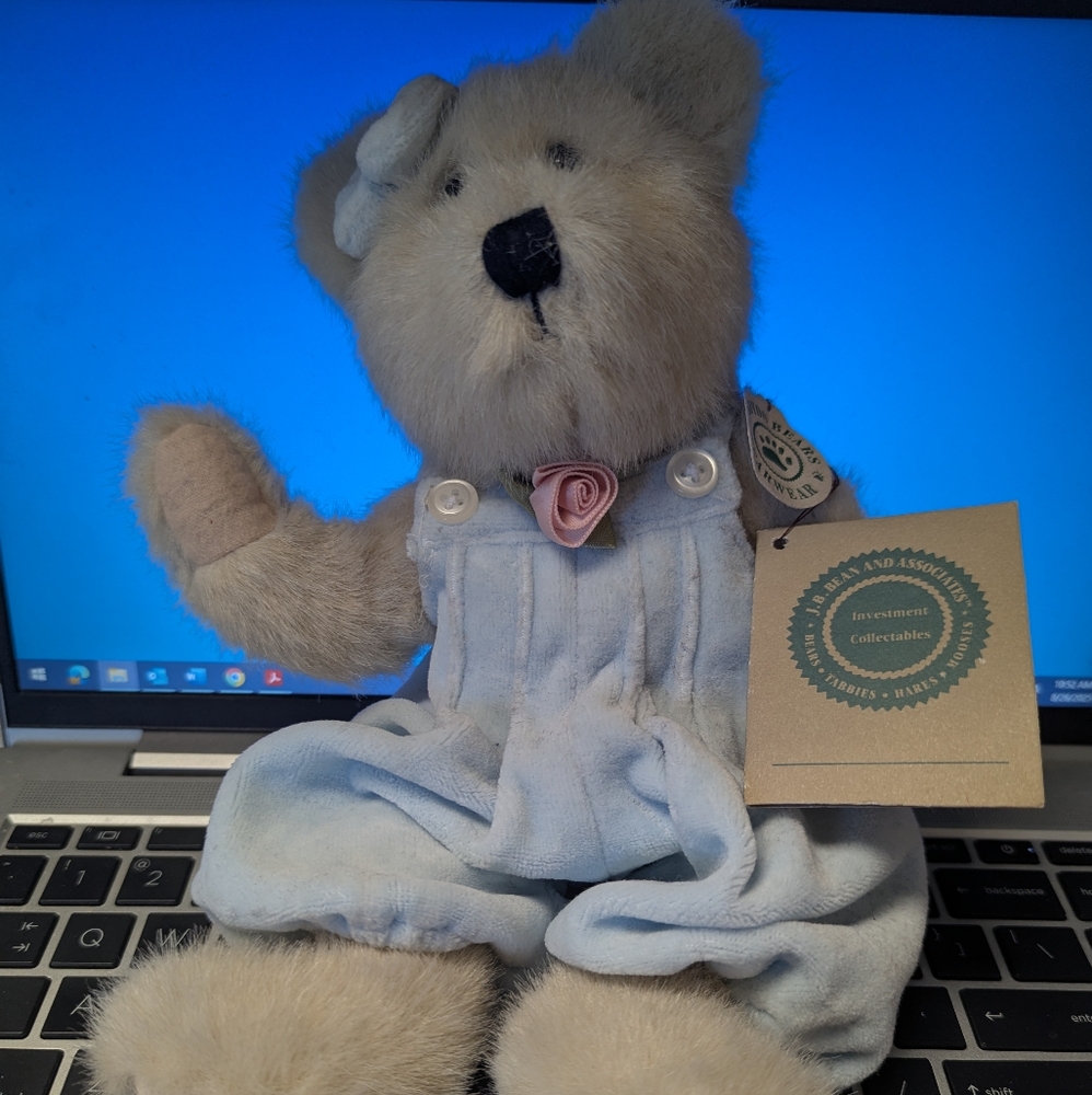 Boyds Bears Sasha Cream Plush Bear in Light Blue Overalls